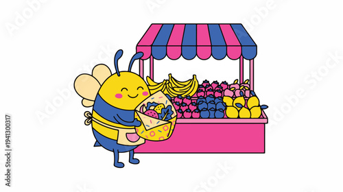 A cheerful bee mascot holds a reusable beeswax wrap in front of a colorful fruit stand with a pink and blue striped awning.