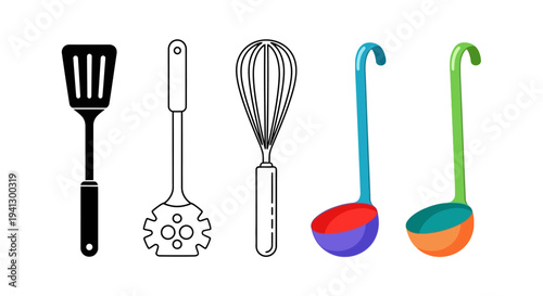 Collection of kitchen utensils featuring various styles of spatulas whisks and ladles in both silhouette outline and full color vector art