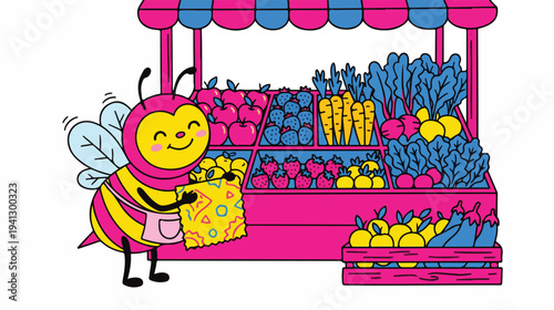 Cartoon bee character holding reusable beeswax wrap in front of colorful fruit and vegetable stand with pink and blue accents.