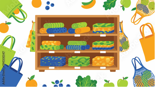 Flat lay of a wooden shelf stocked with various fresh produce and reusable beeswax wraps on a white background with colorful bags and fruits.