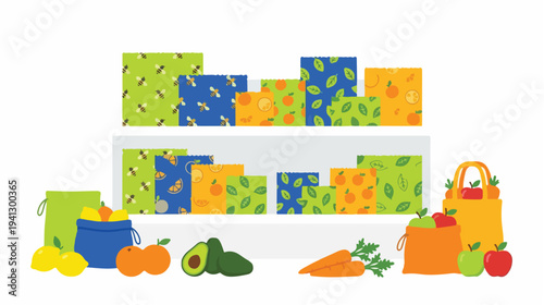 Colorful reusable beeswax wraps and bags with fresh produce on a clean white background, showcasing eco-friendly food storage solutions.