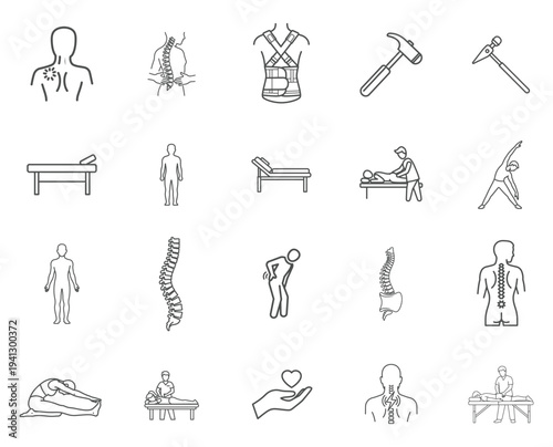 A collection of black and white line drawings depicting various chiropractic and medical concepts.