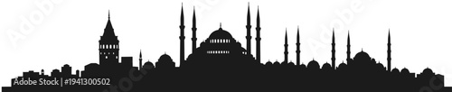 Istanbul skyline silhouette, Blue Mosque landmark, Galata Tower icon, cultural heritage design, historic architecture illustration, Turkish cityscape symbol, travel destination art