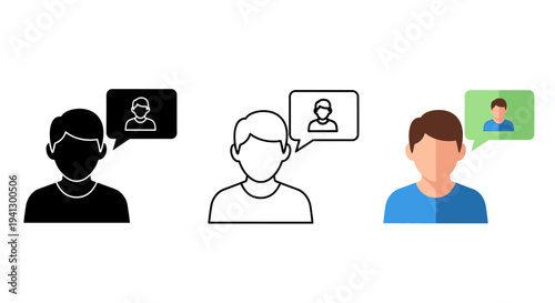 Collection of user profile icons showing thoughts or direct messages about another contact represented across solid line art and flat color styles for digital interfaces