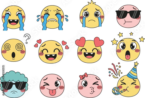 a colorful collection of cartoon emoticons displaying a variety of emotions including happiness sadness and surprise with accessories high quality professional