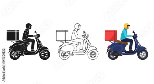 A set of three illustrations depicting a delivery person riding a classic scooter with a large box for package or food delivery, offering fast and efficient courier service.