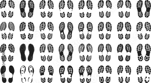 Shoeprint silhouette collection, footwear tread patterns, forensic footprint icon, shoe sole design illustration, black shoeprint vector, walking trail symbol, shoeprint graphic
