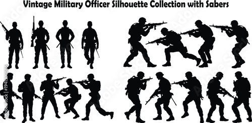 A collection of vintage military officer silhouettes holding sabers and rifles in various poses