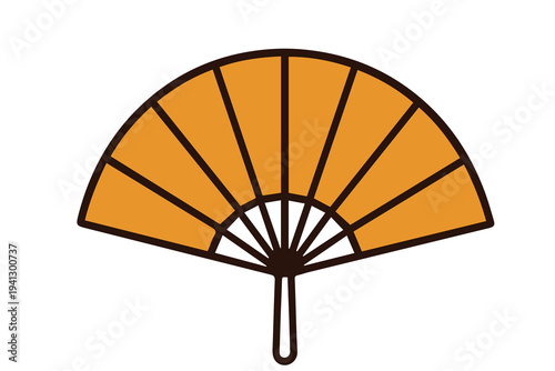 Simple vector illustration of a traditional hand fan with bright orange fabric and a brown wooden frame, designed with clean lines and a classic cultural style.