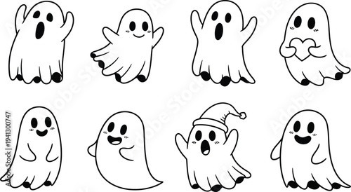 a collection of adorable cartoon ghosts in various playful poses arranged against a plain white background offers a charming halloween aesthetic