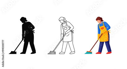A versatile collection illustrating a woman diligently sweeping floors featuring a black silhouette a simple outline and a full color flat design vector graphic