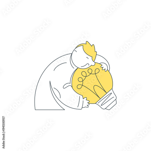 Vector illustration of people with a creative idea. A man hugs a light bulb, symbolizing passion for innovation, a brilliant solution, inspiration, and success in a business project