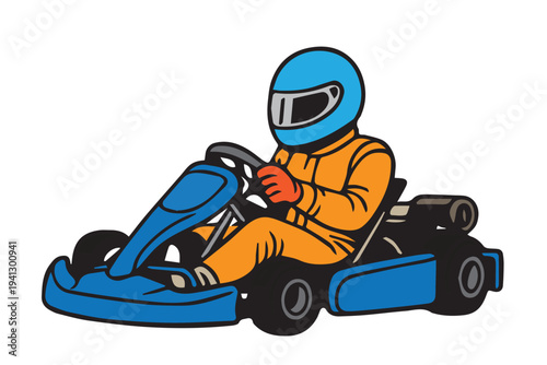 Professional vector illustration of a man driving a go-kart on a racing track, featuring dynamic motion and detailed design that highlights speed and competitive motorsport energy.