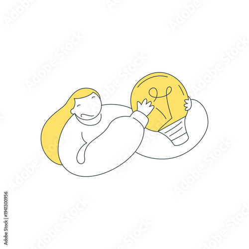 Vector illustration for people finding a creative idea. A woman hugs a giant light bulb, symbolizing cherishing an insight, protecting an innovation, and valuing a brilliant business solution