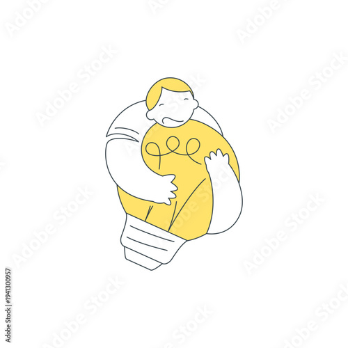 Vector illustration for people who are possessive of a creative idea. A man greedily hugs a light bulb, symbolizing hoarding an innovation, fear of sharing, and protecting a brilliant discovery