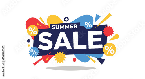 Summer sale vector badge with colorful abstract shapes and percentage signs