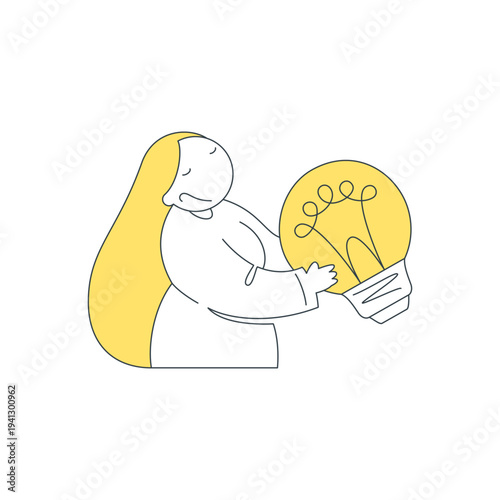 Vector illustration for people experiencing creative block or burnout. A sad woman holds a light bulb, representing the struggle with a difficult problem, lack of inspiration, and mental exhaustion