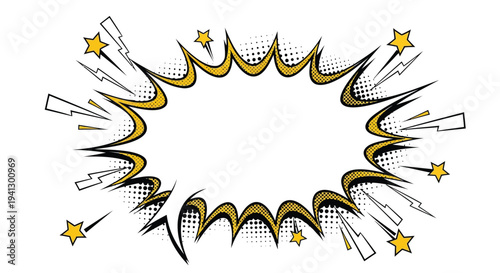 Vector comic explosion burst frame with yellow stars and black and white accents