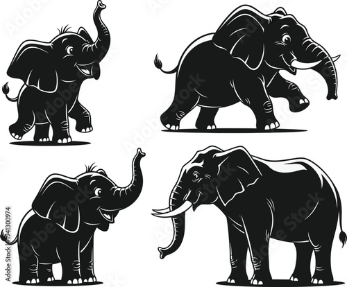 A striking black and white illustration depicts four elephants in various poses showcasing their size and gentle nature high quality professional