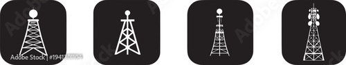 Minimal white radio and communication tower icons set on dark background showing wireless antenna transmitters, broadcast signal structures and telecommunication technology symbols for network connect