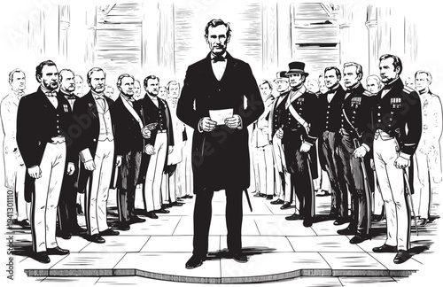 Abraham Lincoln stands prominently among a group of distinguished men in a formal historical setting