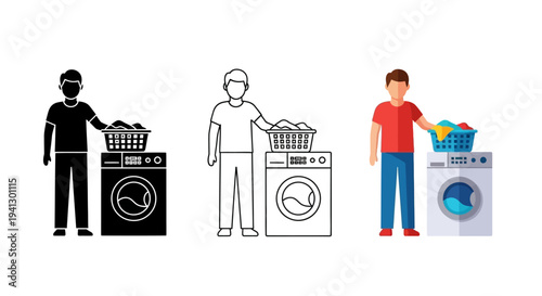 Collection of diverse graphic styles depicting a man standing next to a washing machine holding a laundry basket full of clothes ready for cleaning tasks