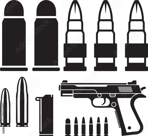Black silhouette vector icons of a handgun with various bullet sizes and a loaded magazine
