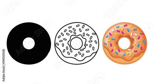 Illustrating the distinct stages of donut graphic creation from solid silhouette to detailed colorful frosted vector art design