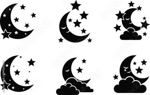 The image depicts a collection of celestial symbols including crescent moons twinkling stars and fluffy clouds creating a dreamy nightscape