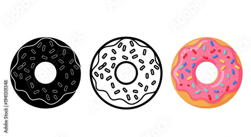 Collection of three distinct doughnut icons showcasing solid black silhouette outline drawing and colorful icing with sprinkles design variations for graphic needs