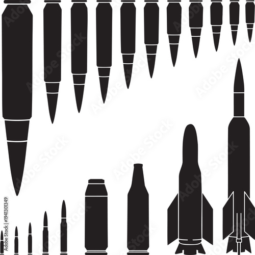 Diverse black silhouettes show ammunition, beverage cans, bottles, and rockets on a clean white background