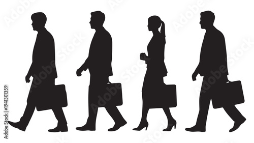Business People Silhouettes Walking with Briefcases in Modern Minimalist Style with High Contrast Lighting on White Background for Corporate Use