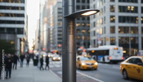 Close medium shot of an urban streetlight pole with a hidden antenna array the bustling city block behind gently blurred for emphasis.