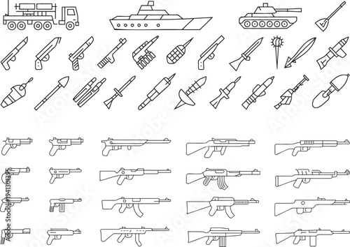 Extensive collection of line icons for military weapons, vehicles, and equipment