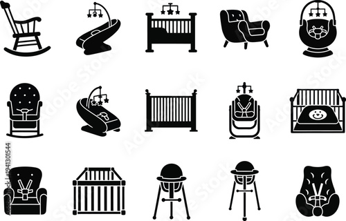 a collection of black and white vector icons depicting various types of baby and infant furniture and accessories for nurseries
