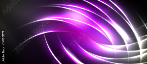 Abstract design features vibrant purple, white light streaks. Dynamic curves create energy, contrast against dark background. Modern, sleek aesthetic.