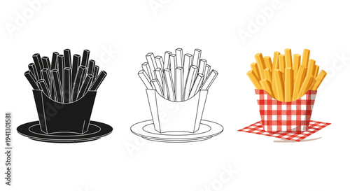 Collection of french fries illustrations showing various styles including black silhouette outline and full color graphic representations for fast food design needs