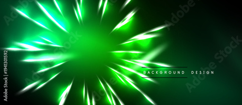 Bright green energy burst radiates from center. Dark background provides contrast. Modern design element, suitable for digital projects.