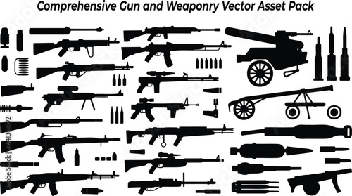 Large assortment of gun and weaponry silhouettes including firearms ammunition and powerful artillery pieces