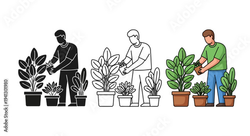 A series of illustrations showing a man actively engaged in the process of repotting a small plant into a larger pot, demonstrating indoor gardening and plant care activities for enthusiasts.