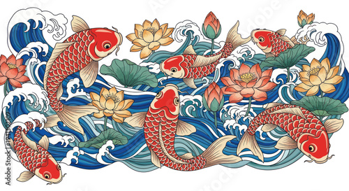 Vibrant Koi Fish Swimming Among Lotus Flowers and Wavy Water