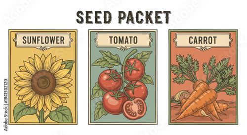 Vintage Seed Packets: Sunflower, Tomato, Carrot - Retro Gardening Illustration
