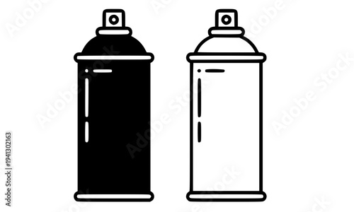 A set of two spray can aerosol bottle illustrations featuring solid black silhouette and outline versions, isolated on white background, perfect for paint, graffiti, and product design concepts