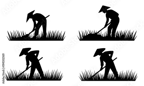 A set of four black silhouettes of Asian farmers wearing traditional conical hats working and harvesting in rice fields, isolated on white background, perfect for agricultural