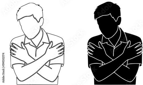 A confident businessman silhouette and outline illustration with arms crossed, isolated on white background, ideal for corporate, leadership, and professional design concepts