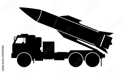  A black silhouette of a military missile launcher truck with ballistic rocket mounted for launch, isolated on white background, perfect for defense, military, and warfare design concepts