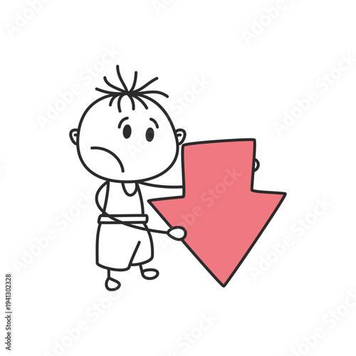 Sad Stick Figure Boy with Red Downward Arrow Doodle Vector Illustration