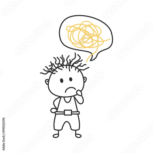 Confused Stick Figure Boy with Tangled Thoughts Speech Bubble Doodle Vector
