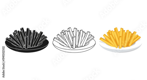 Collection of french fries served on a plate shown in three distinct vector styles including solid black outline and full color representation