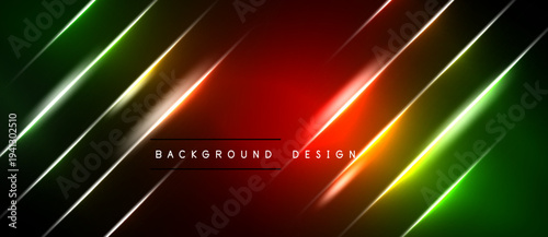 Abstract neon lines create dynamic background. Red, green, yellow hues blend, forming sleek design elements. Modern aesthetic.